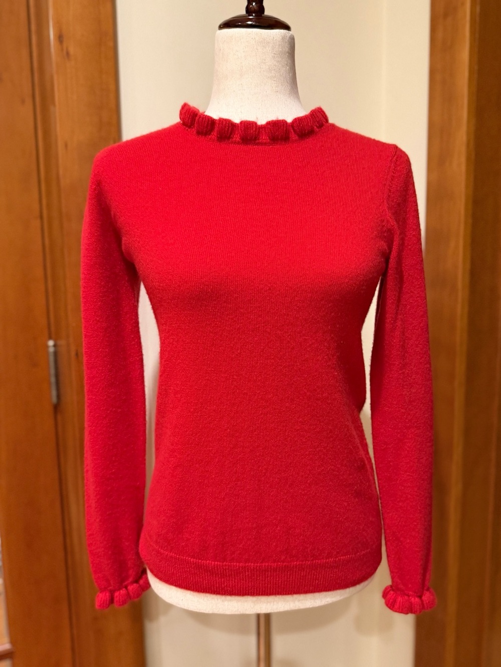 J. McLaughlin Vibrant Poppy Red Structured Ruffle Trim Crewneck Sweater